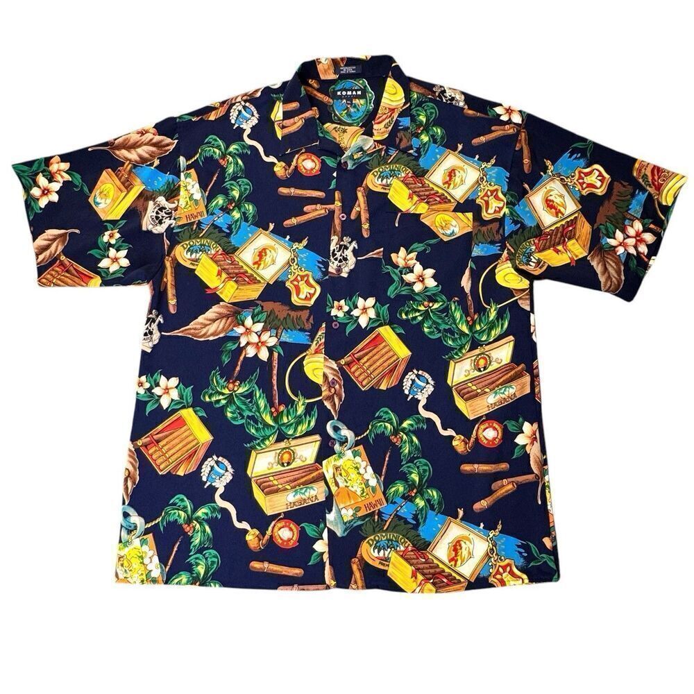 Vintage Koman Sport XL Shirt Button Blue Hawaiian Tropical Cigar Palm Habana